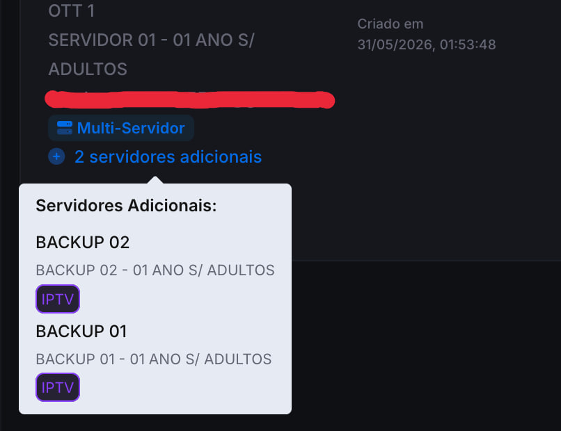 Painel do OTT PLUS mostrando sistema Multi-Servidor com servidores adicionais de backup